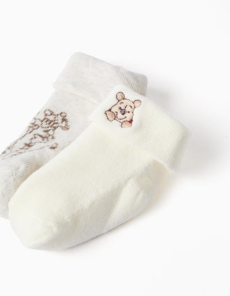 Pack 2 terry socks with Pooh prints for newborns and babies, white/grey