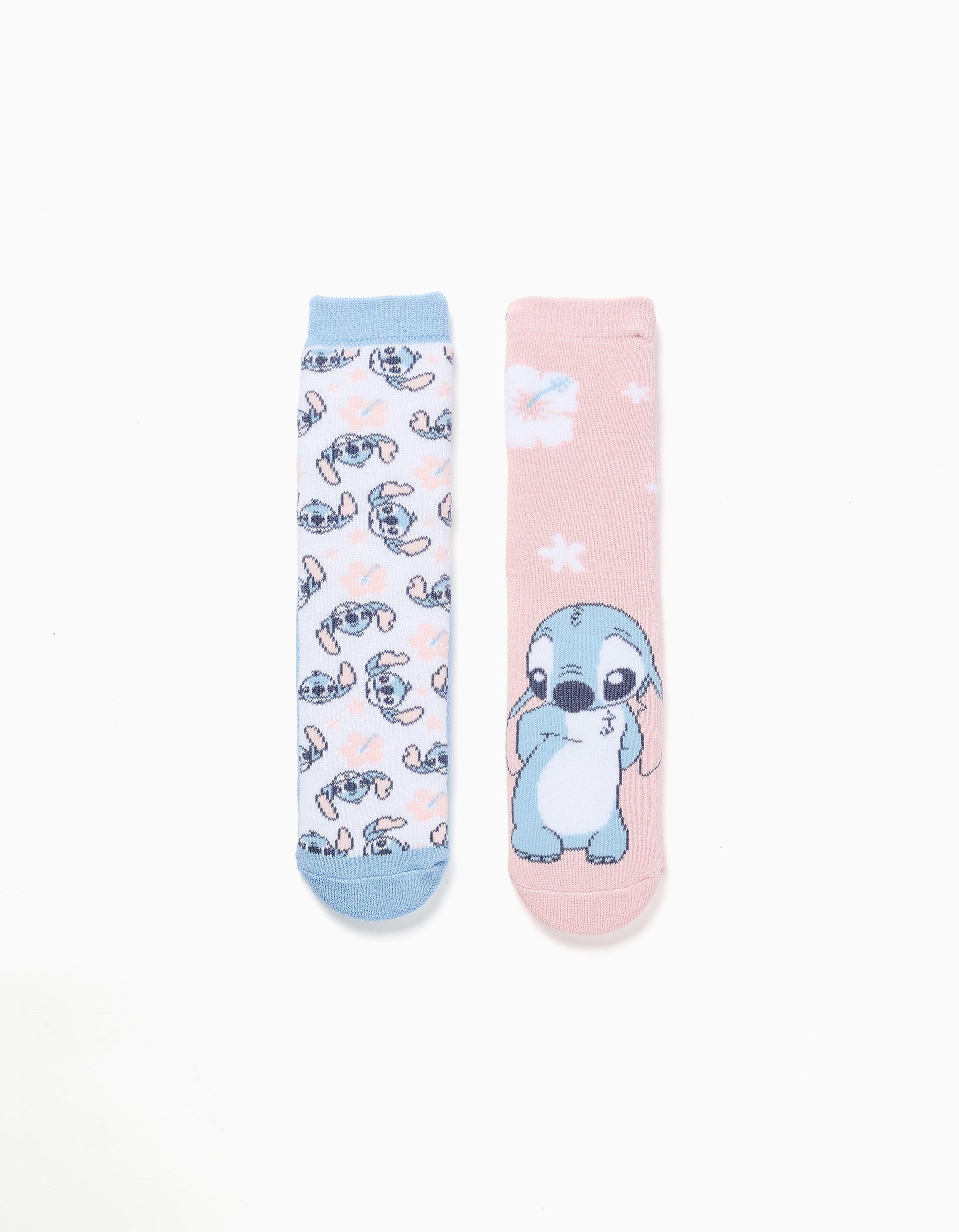 2 chaussettes antidérapantes à imprimé Stitch pour fille, blanc/bleu/rose