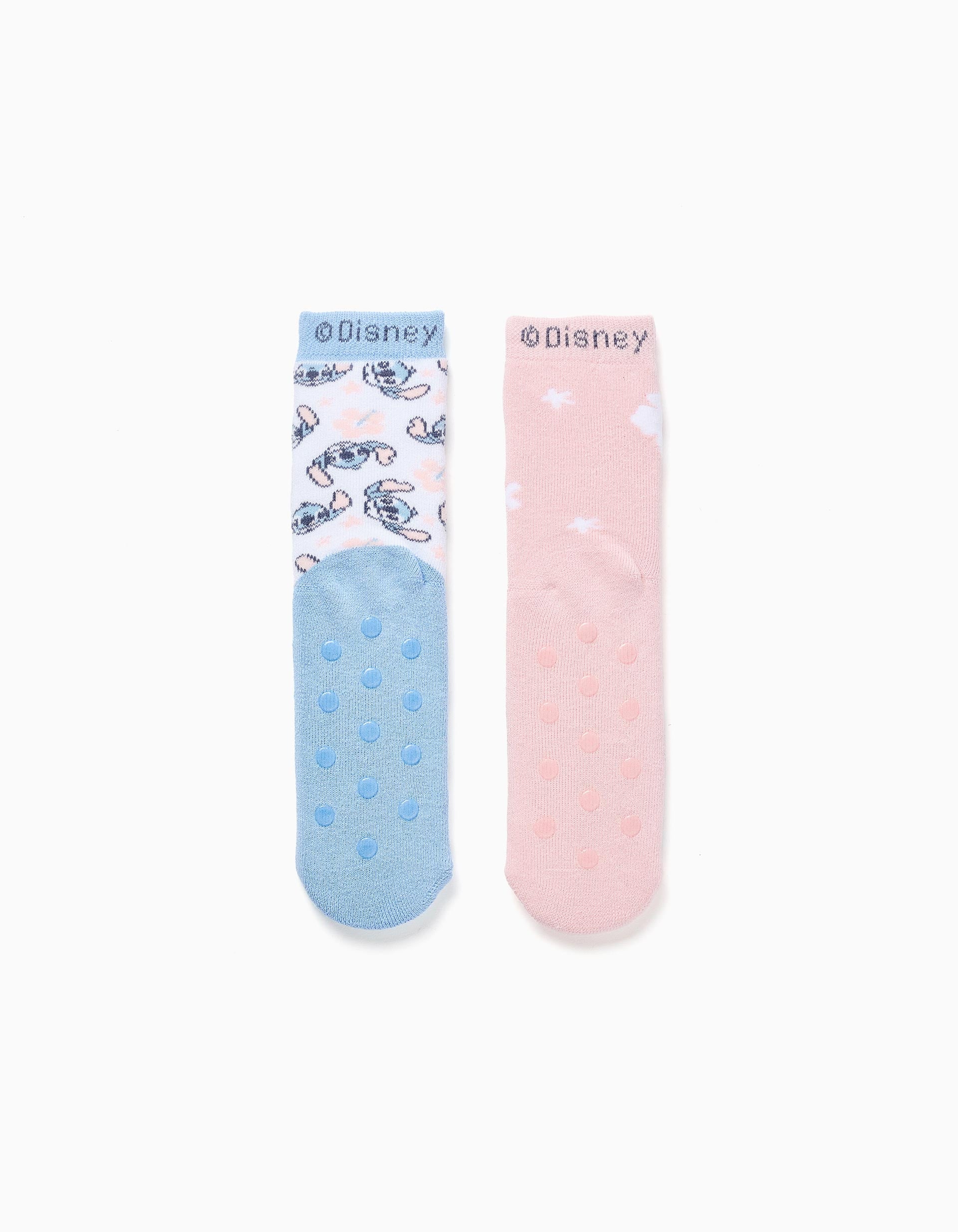 2 chaussettes antidérapantes à imprimé Stitch pour fille, blanc/bleu/rose