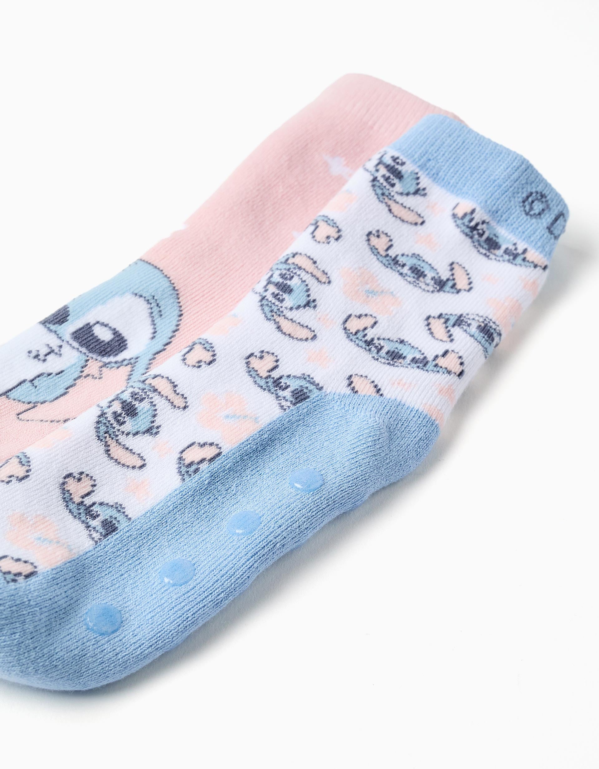 2 chaussettes antidérapantes à imprimé Stitch pour fille, blanc/bleu/rose