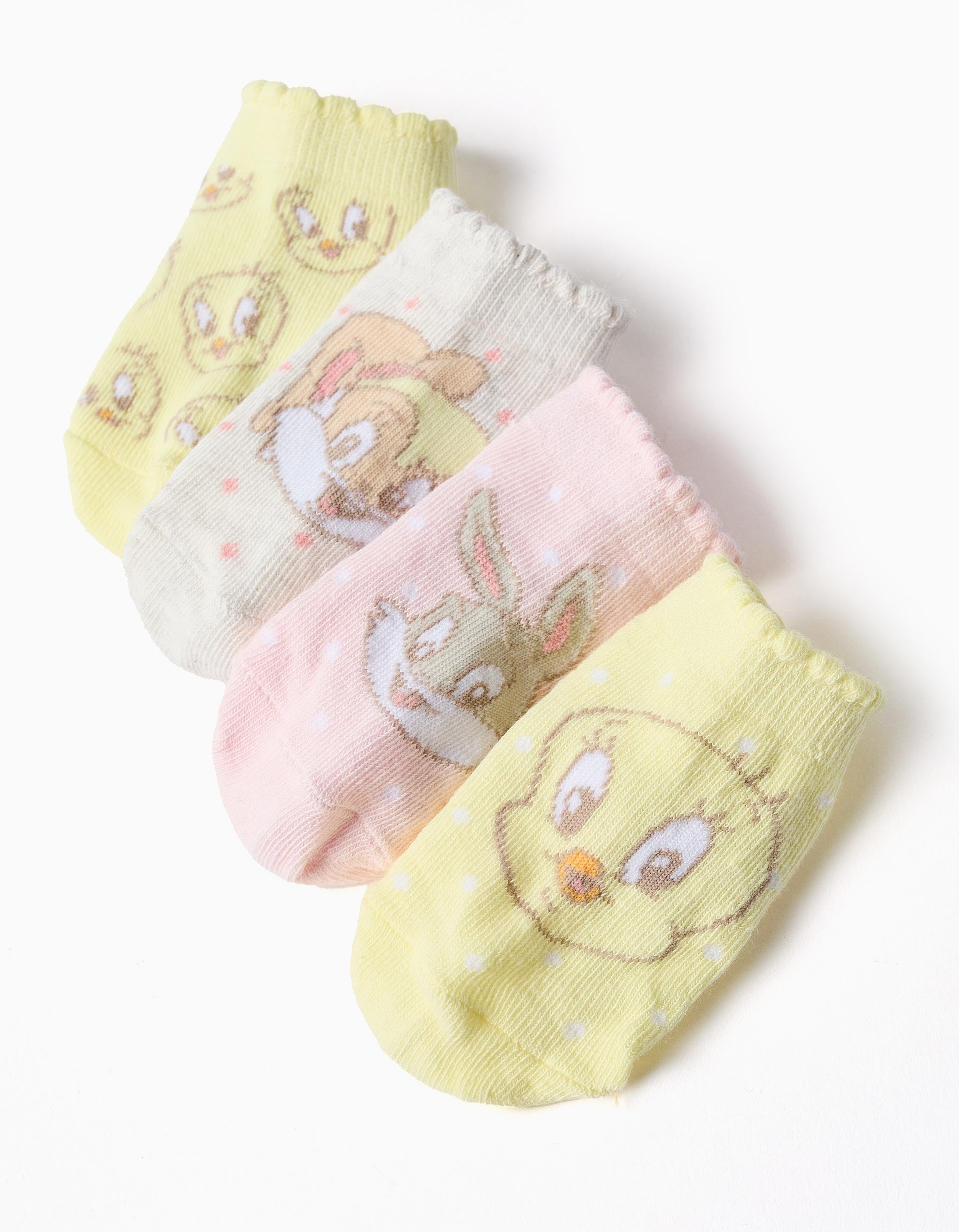 Pack of 4 pairs of ankle socks Looney Tunes for baby girls, yellow/pink