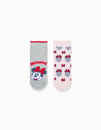 2 non-slip socks with Minnie print for newborn and baby girls, grey/pink