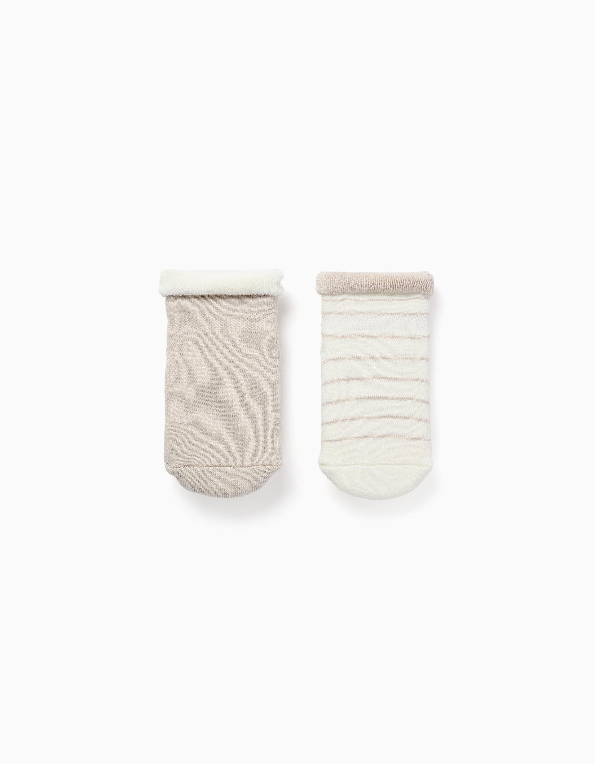 Pack of 2 pairs of terry socks for newborns and babies, white/beige