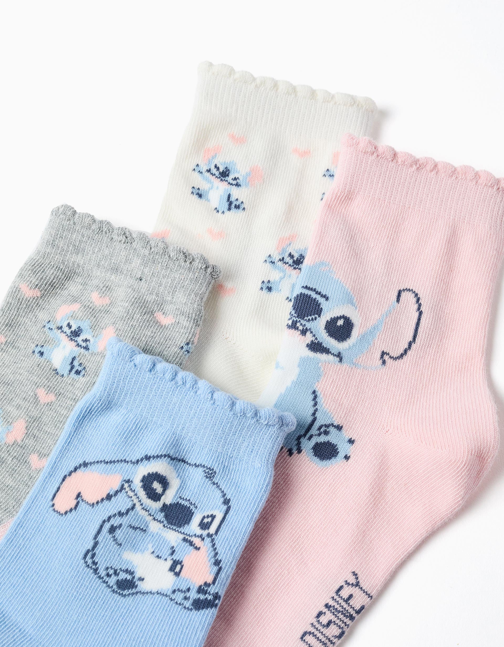 Pack de 4 calcetines con Stitch para niña, azul/gris/blanco/rosa