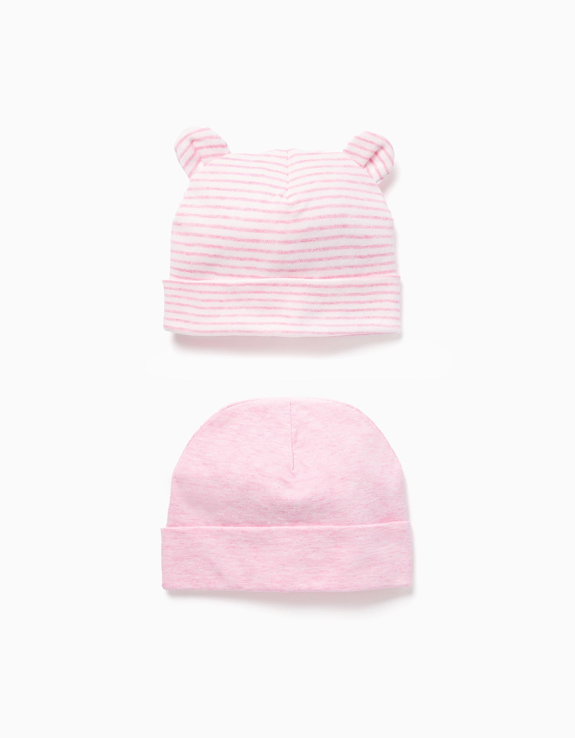 Set de 2 gorros de algodão lisos/riscas para recém-nascida, rosa/branco