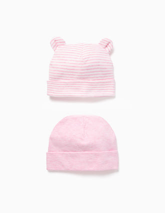 Lot de 2 bonnets en coton unis/rayés pour nouveau-née, rose/blanc