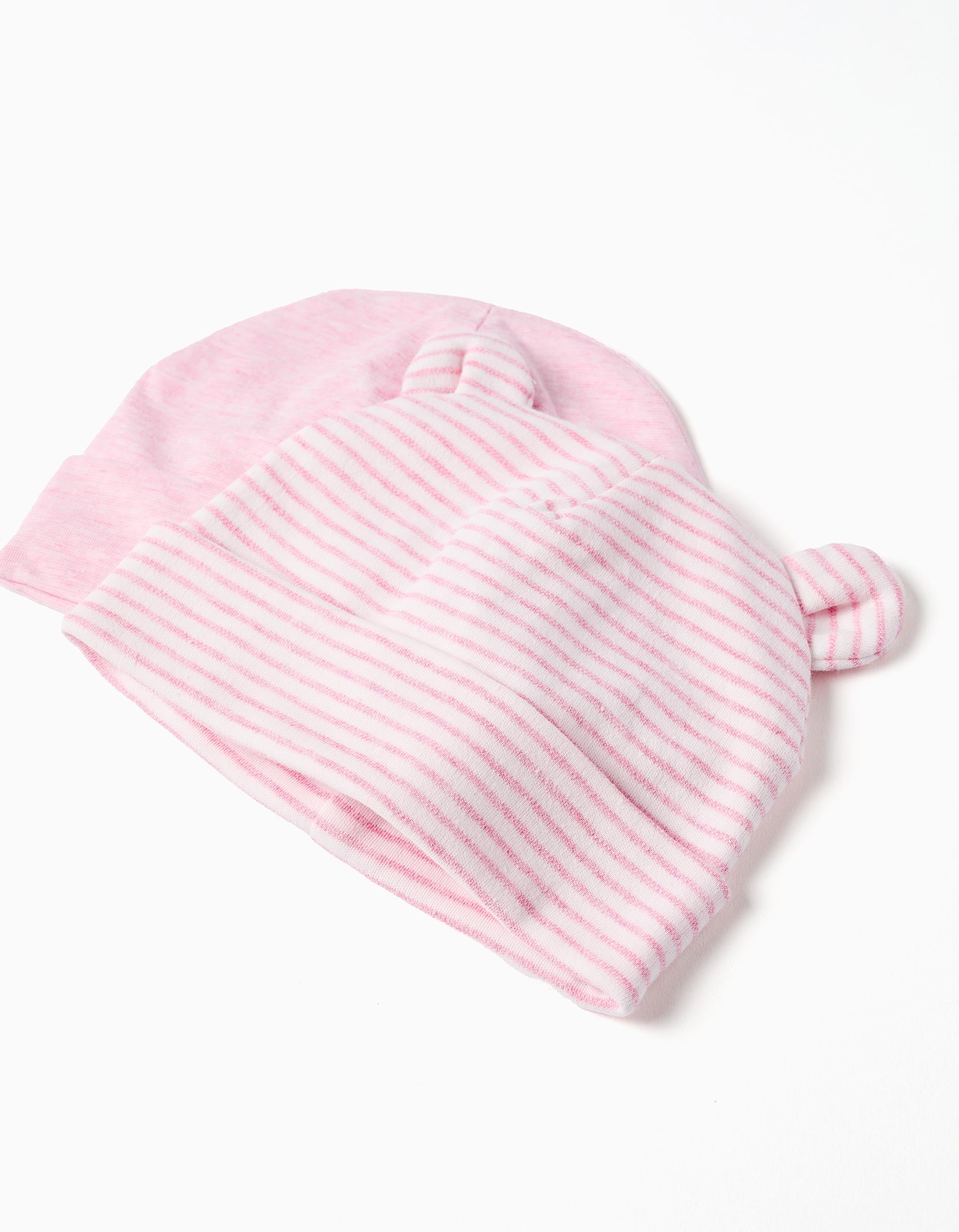 Set de 2 gorros de algodão lisos/riscas para recém-nascida, rosa/branco