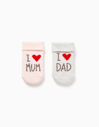 2 terry socks with Mum & Dad print for newborn and baby girls, pink/grey