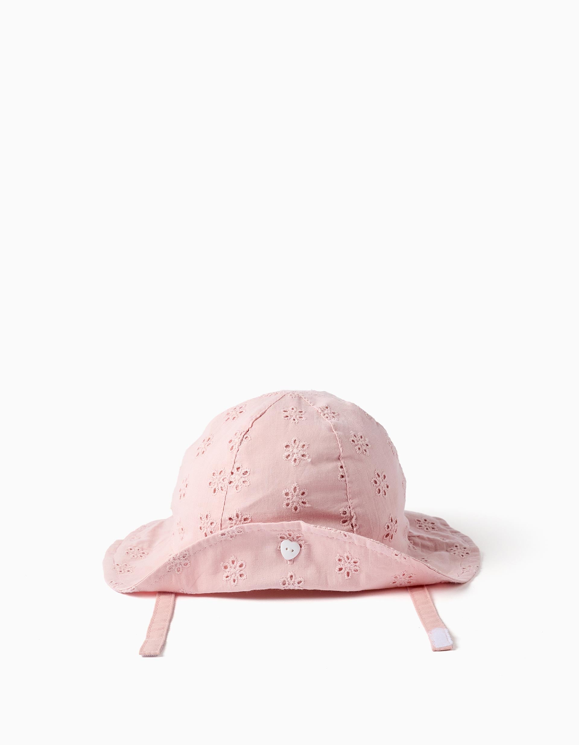 Gorro batista de algodón con bordado inglés para recién nacida, rosa