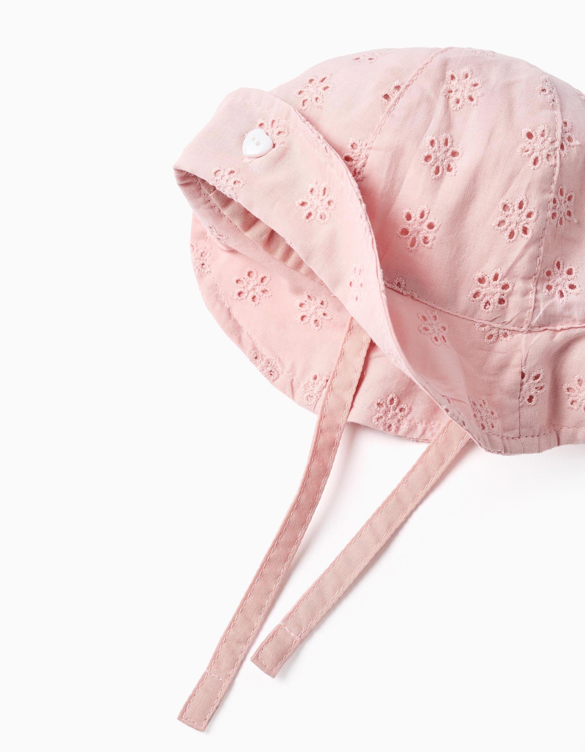 Gorro batista de algodón con bordado inglés para recién nacida, rosa