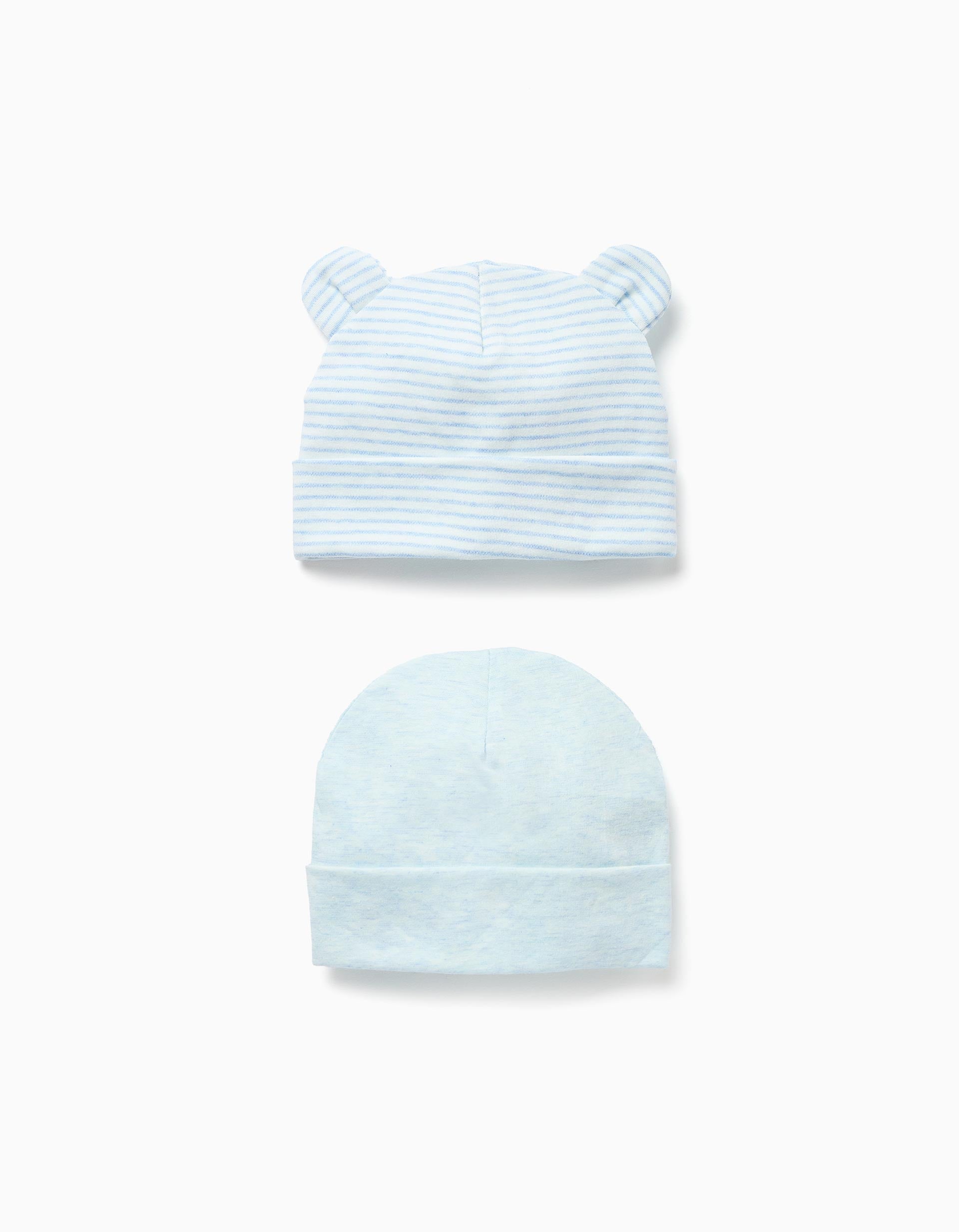 Set de 2 gorros de algodão lisos/riscas para recém-nascido, azul/branco