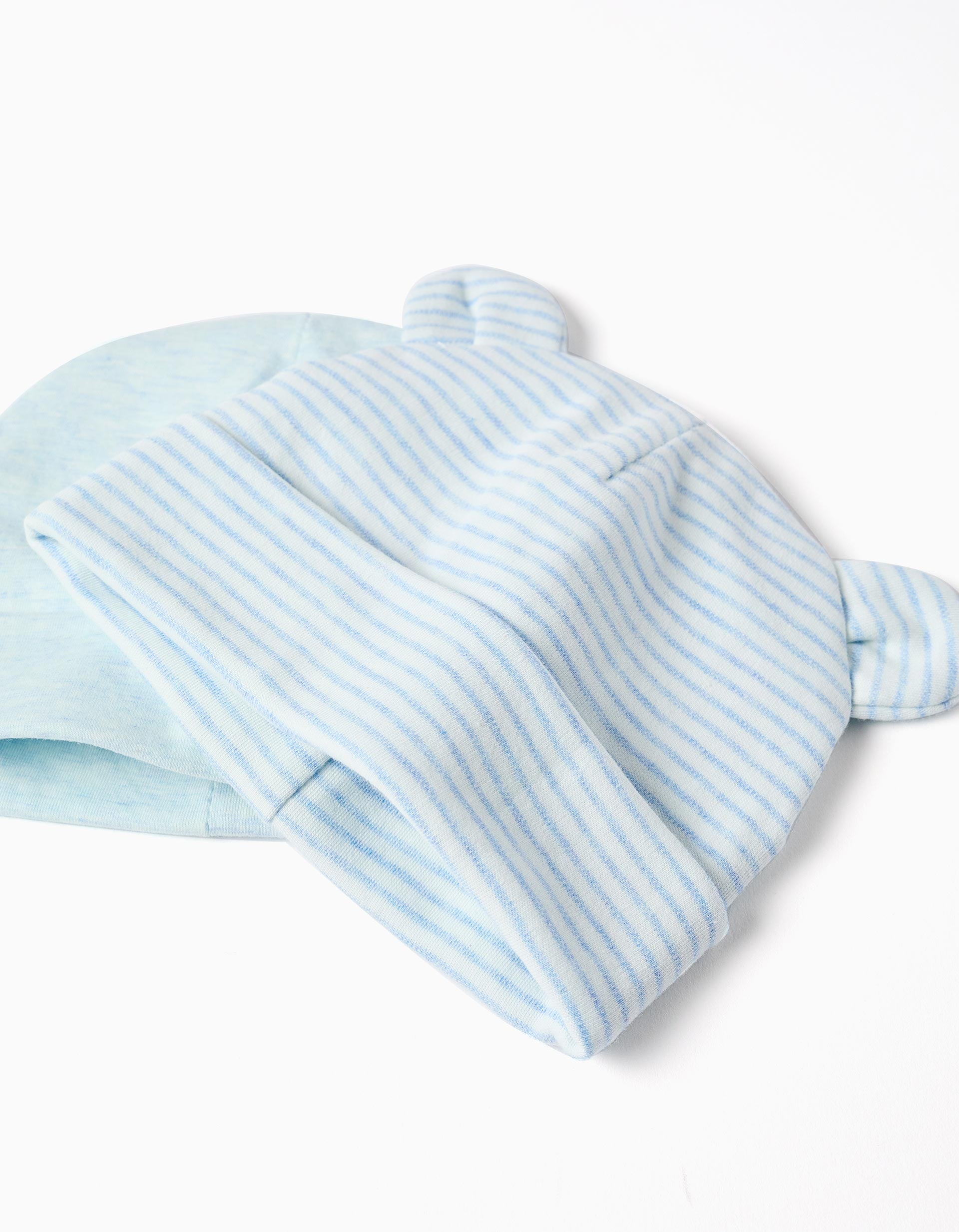 Set de 2 gorros de algodão lisos/riscas para recém-nascido, azul/branco