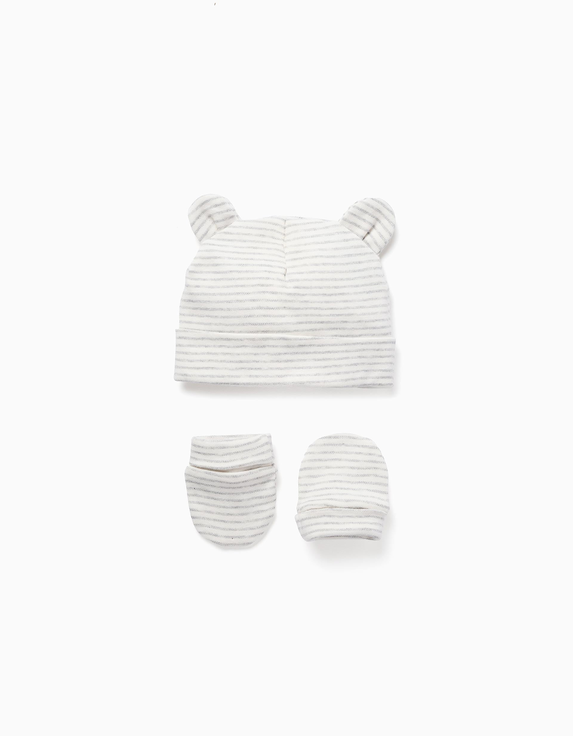 Gorro + luvas de algodão às riscas para recém-nascidos, branco/cinza