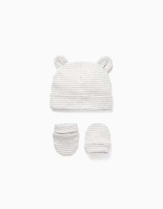 Bonnet + gants en coton à rayures pour nouveau-nés, blanc/gris