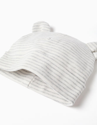 Bonnet + gants en coton à rayures pour nouveau-nés, blanc/gris