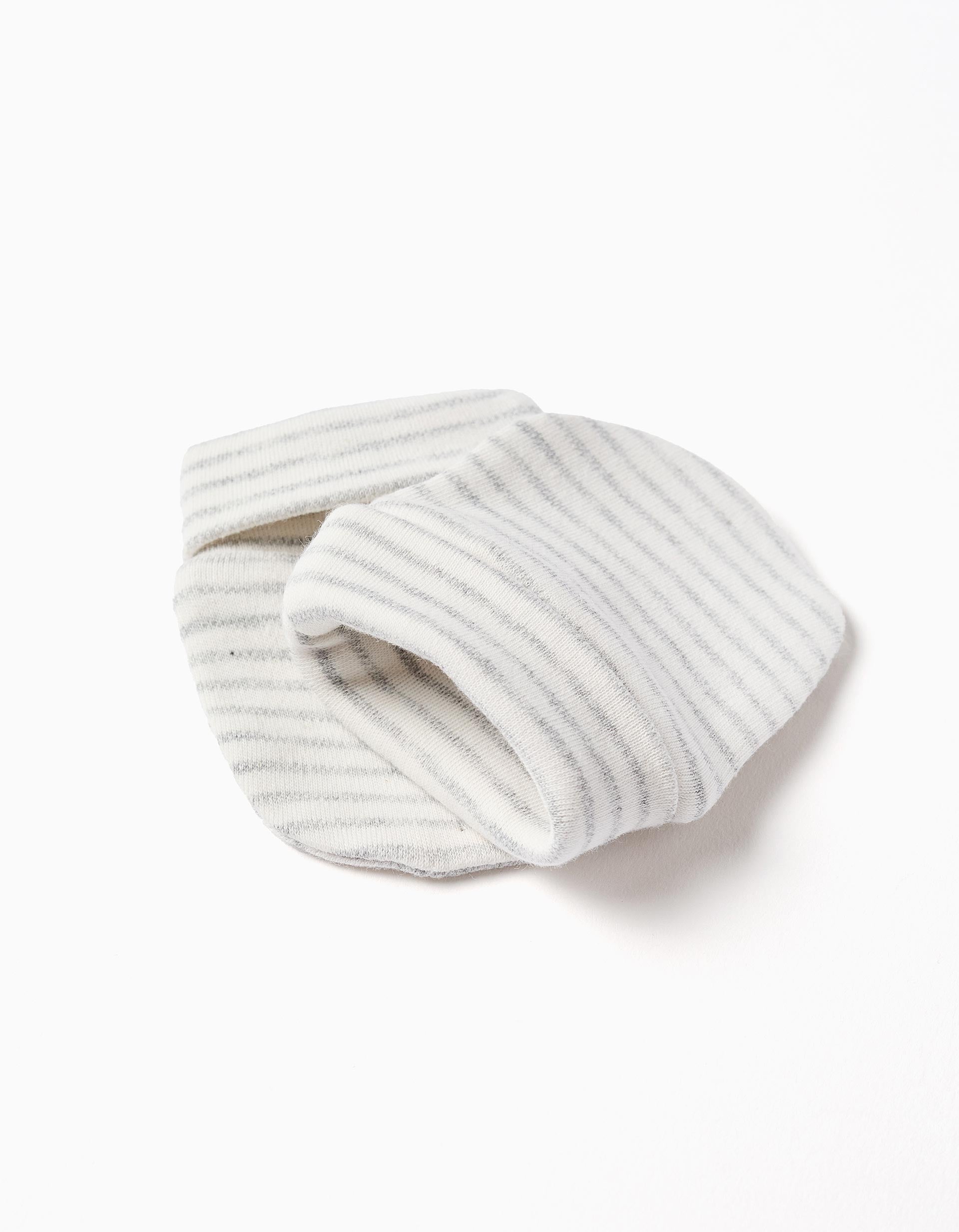 Gorro + luvas de algodão às riscas para recém-nascidos, branco/cinza