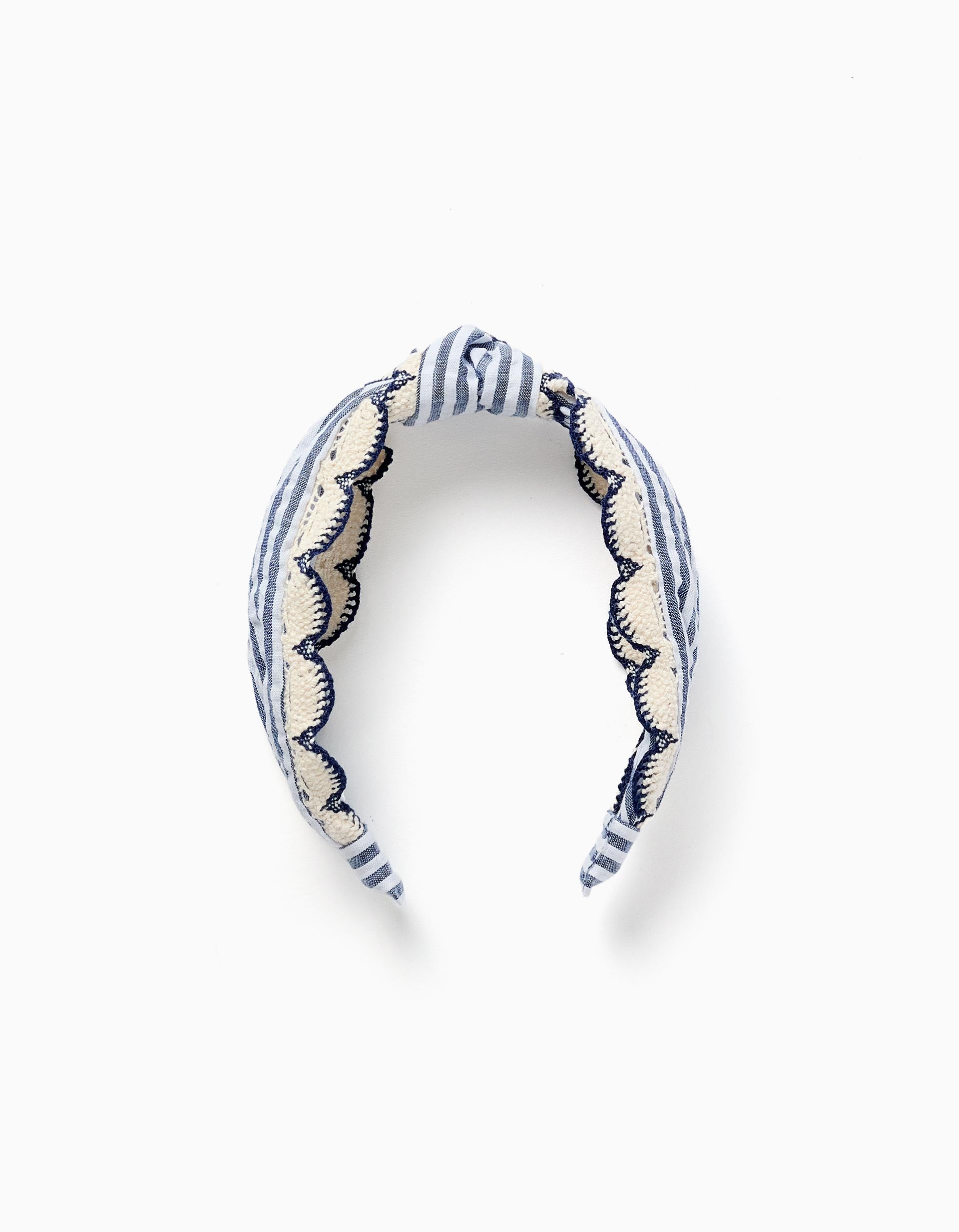 Bandolete às riscas com borda em crochê para menina, azul/branco