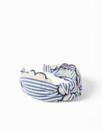 Bandolete às riscas com borda em crochê para menina, azul/branco