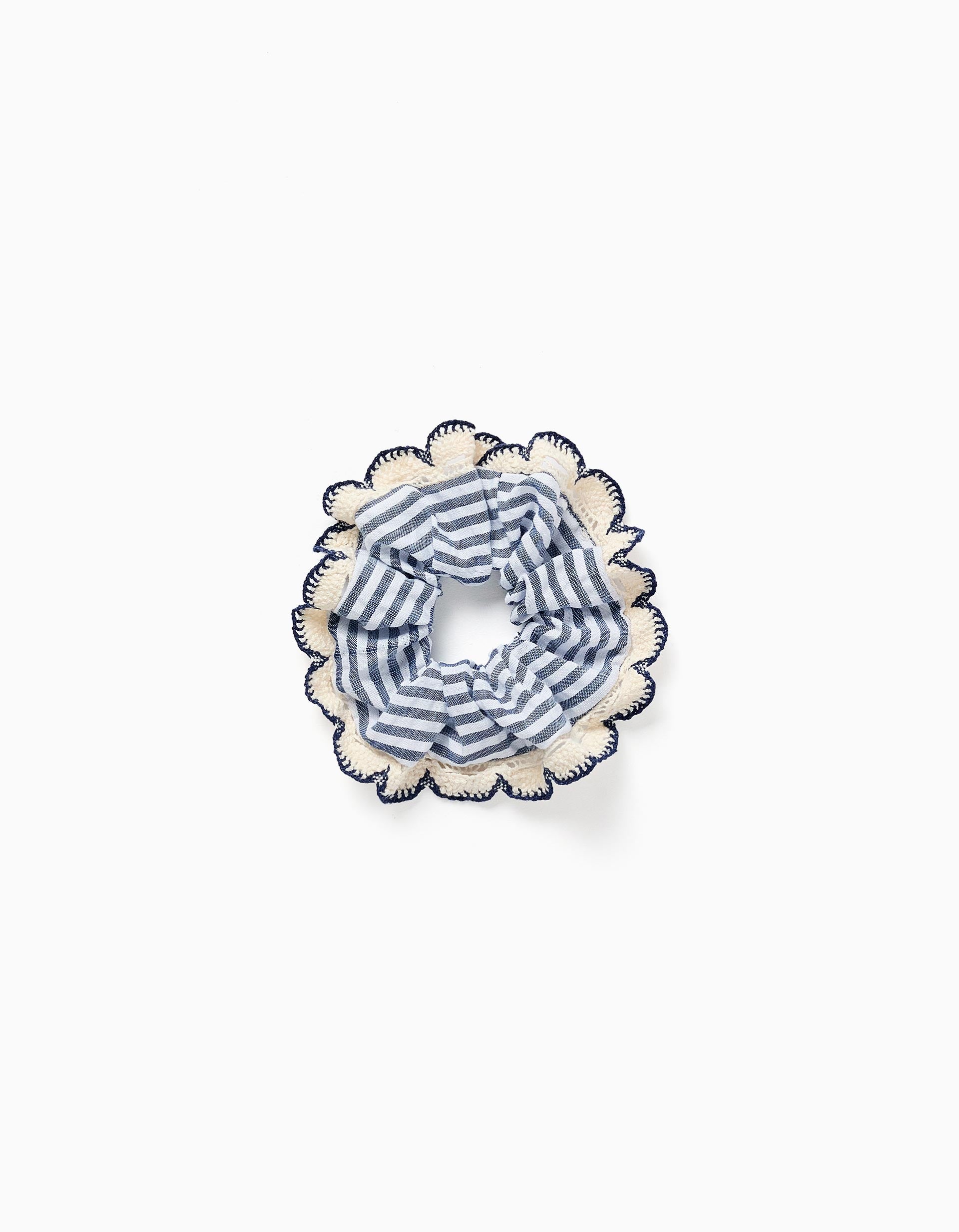 Scrunchie às riscas com borda em crochê para menina, azul/branco