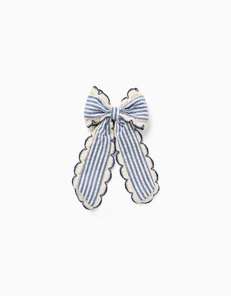 Travessão com laço às riscas e borda em crochê para menina, azul/branco