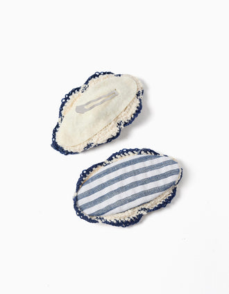 Pack de 2 travessões de cabelo ovais às riscas para menina, azul/branco
