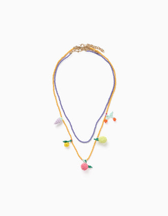 2 colares de missangas com pingentes de fruta para menina, amarelo/roxo