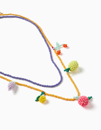 2 colares de missangas com pingentes de fruta para menina, amarelo/roxo