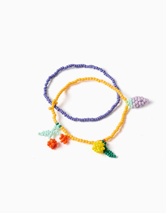 2 pulseiras de missangas com pingentes de fruta para menina, amarelo/roxo