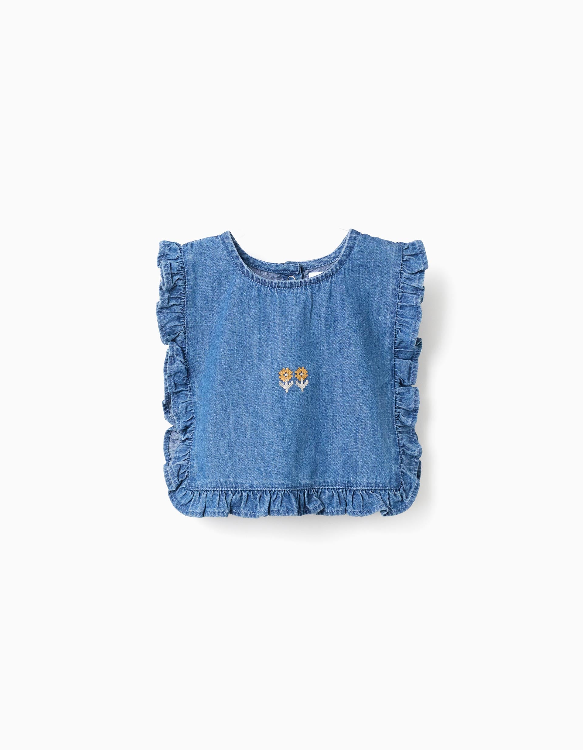 Denim poncho-styled top with ruffles and embroidery for baby girls, blue