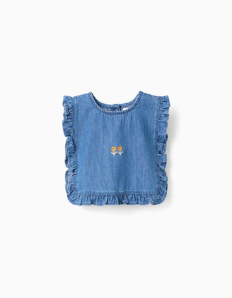 Denim poncho-styled top with ruffles and embroidery for baby girls, blue