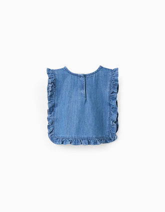 Denim poncho-styled top with ruffles and embroidery for baby girls, blue