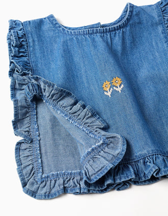 Denim poncho-styled top with ruffles and embroidery for baby girls, blue