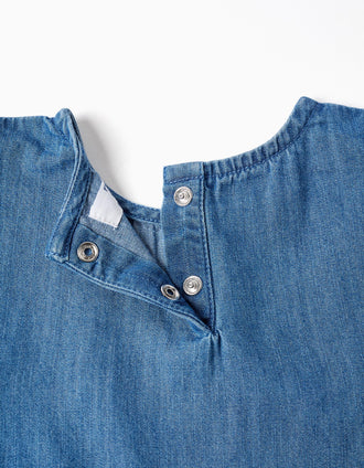 Denim poncho-styled top with ruffles and embroidery for baby girls, blue