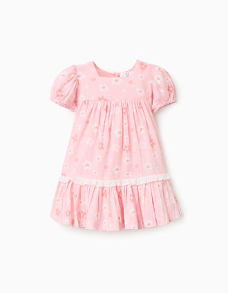 Cotton dress with floral motif and balloon sleeves for baby girls, pink