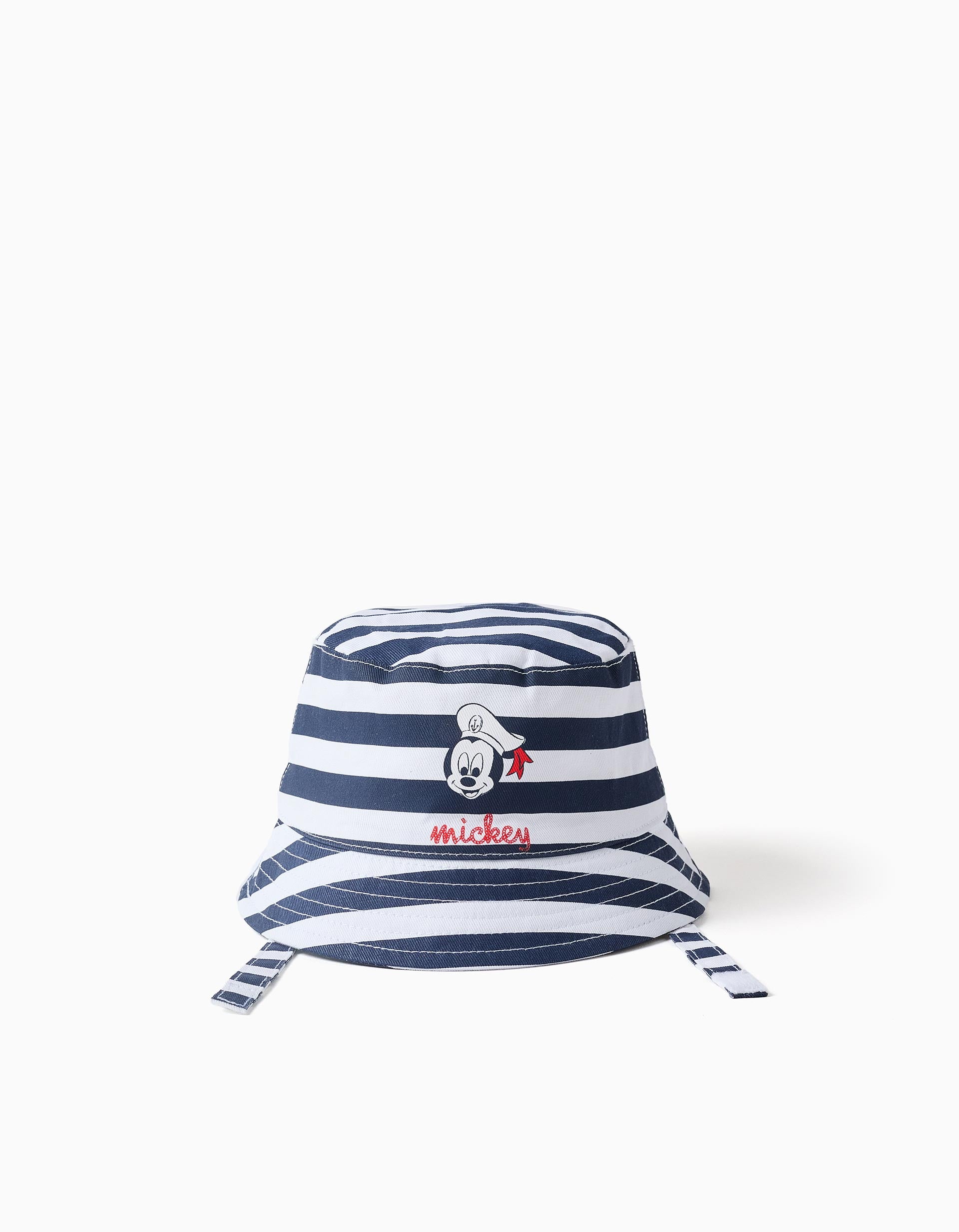 Sombrero de algodón a rayas Mickey para recién nacido, azul/blanco