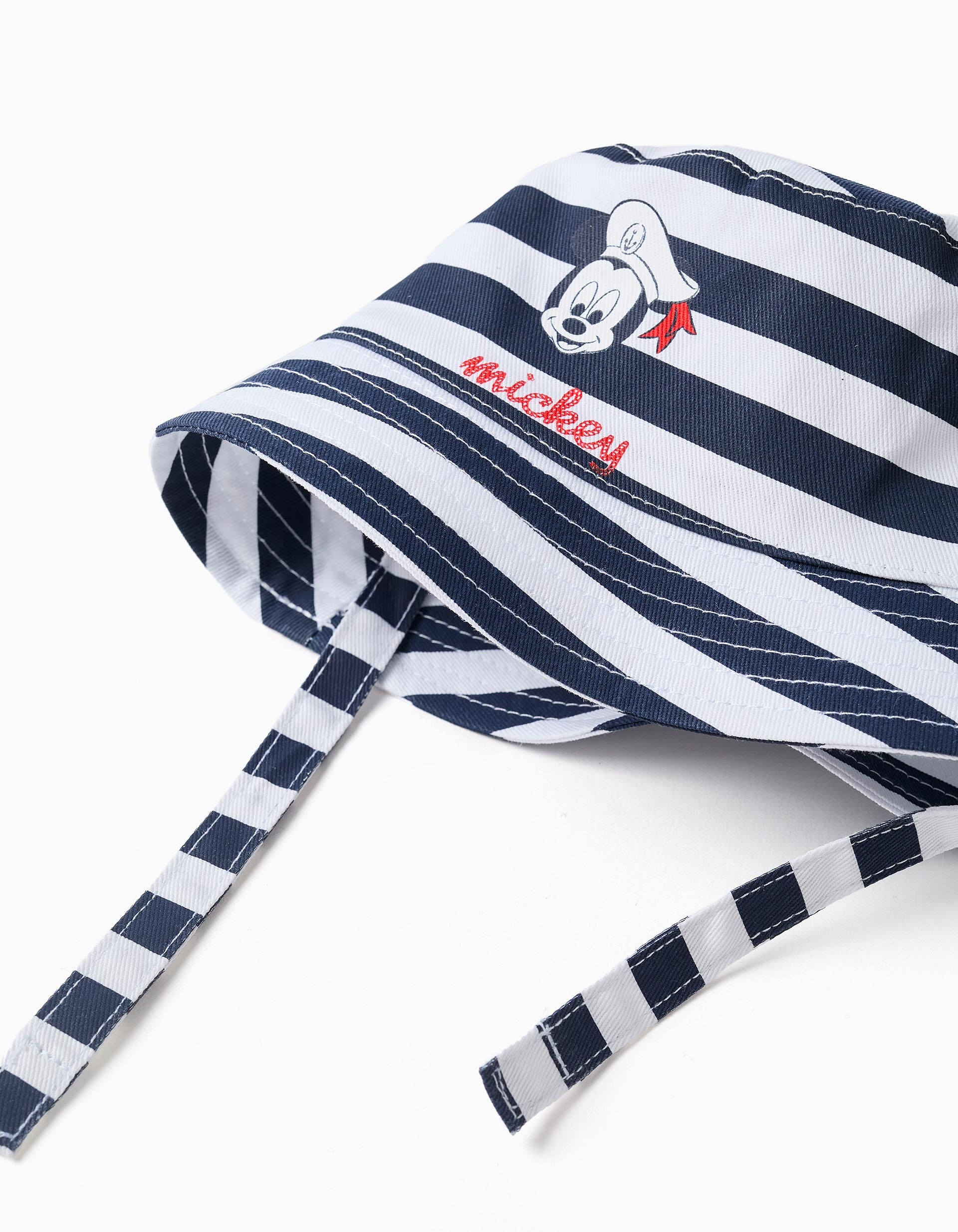 Sombrero de algodón a rayas Mickey para recién nacido, azul/blanco
