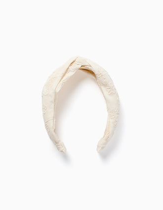 Diadema de algodón con bordado y nudo para niña, blanco