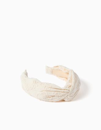 Diadema de algodón con bordado y nudo para niña, blanco