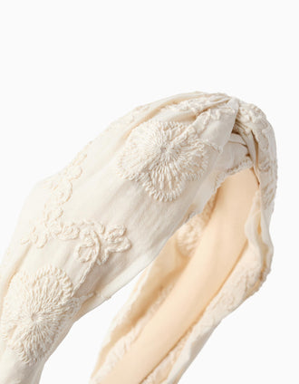 Diadema de algodón con bordado y nudo para niña, blanco