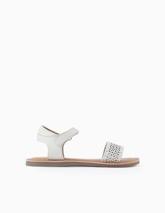 Leather sandals with mosaic laser cut strap for girls, white