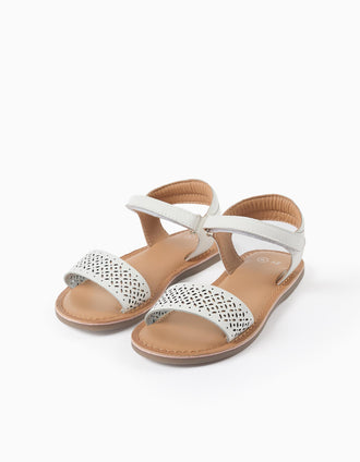 Leather sandals with mosaic laser cut strap for girls, white
