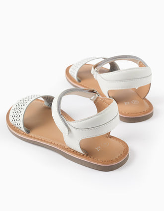 Leather sandals with mosaic laser cut strap for girls, white
