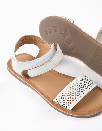 Leather sandals with mosaic laser cut strap for girls, white