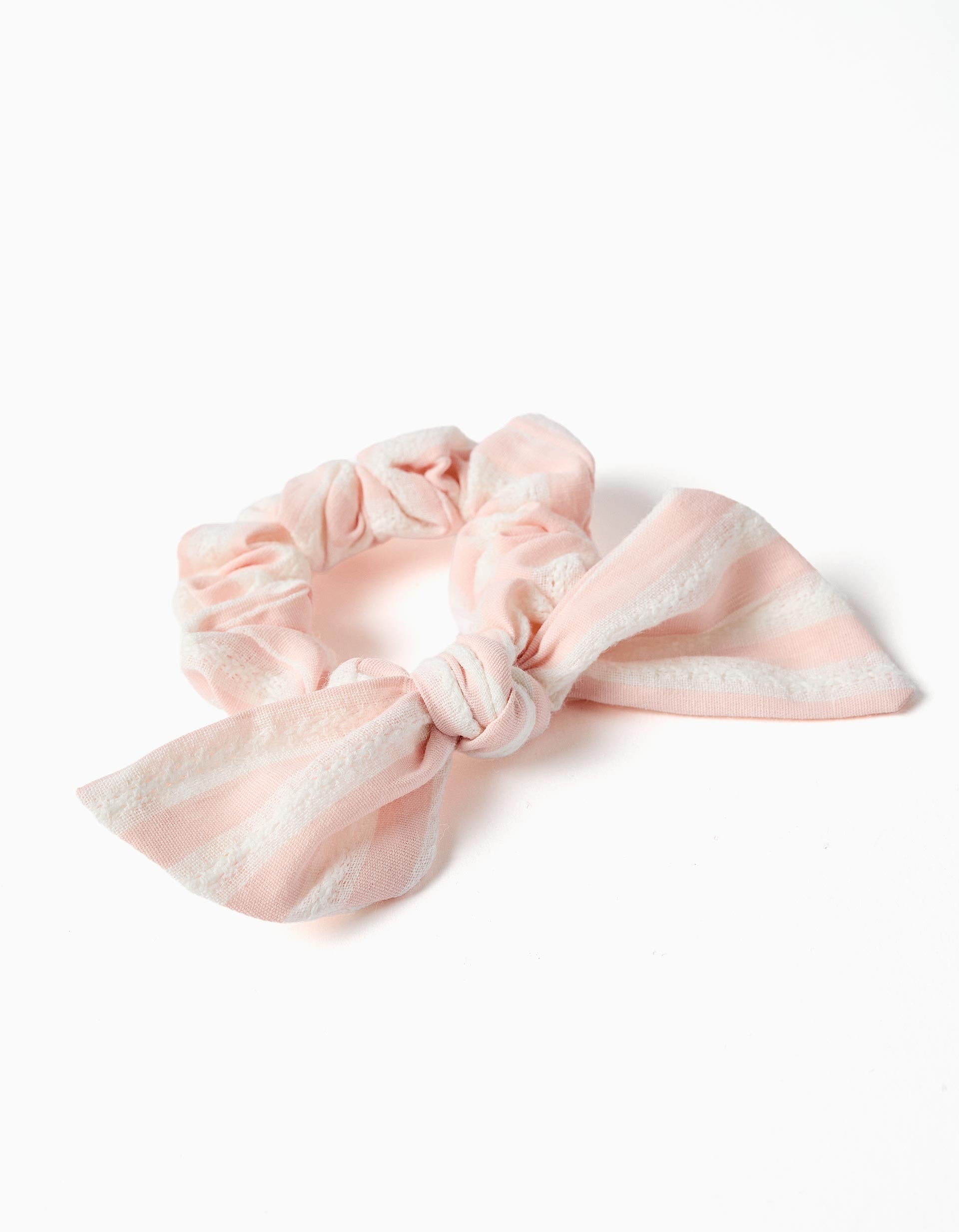 Scrunchie with striped bow for babies and for girls, light pink/white