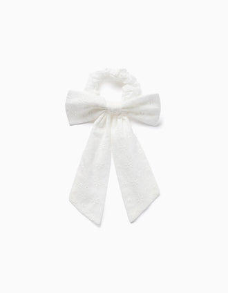 Scrunchie com laço em bordado inglês para bebé e menina, branco