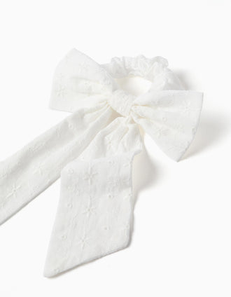 Scrunchie com laço em bordado inglês para bebé e menina, branco