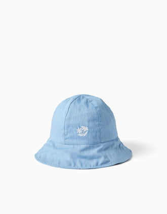 Chapéu reversível de ganga com flores para bebé e menina, azul