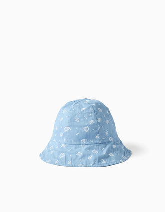 Chapéu reversível de ganga com flores para bebé e menina, azul