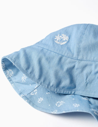 Chapéu reversível de ganga com flores para bebé e menina, azul
