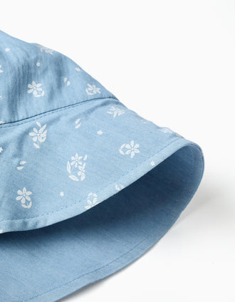 Chapéu reversível de ganga com flores para bebé e menina, azul